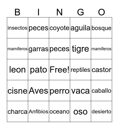 Spanish Animals/Habitats Bingo Card