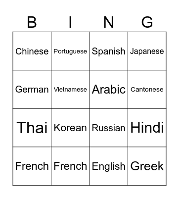 Languages Bingo Card