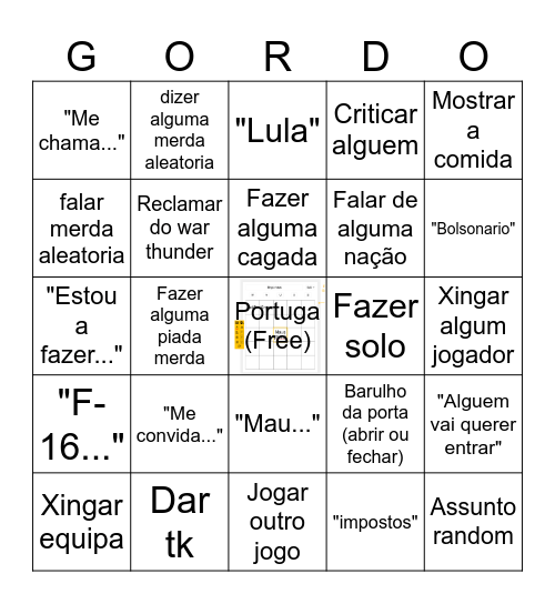 Portuga bingo Card