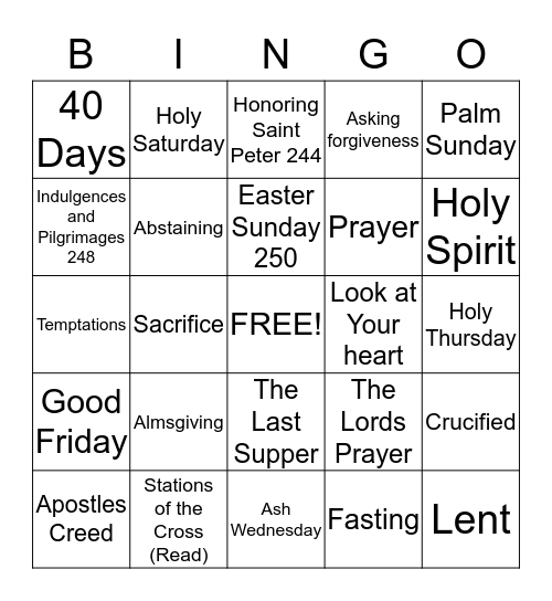 Understanding Lent Bingo Card