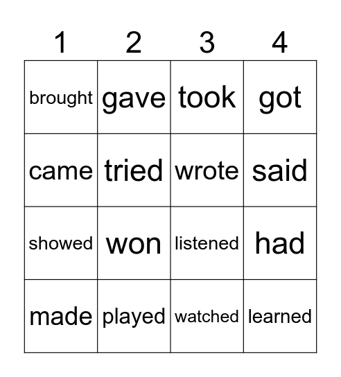 Past Tense Bingo Card