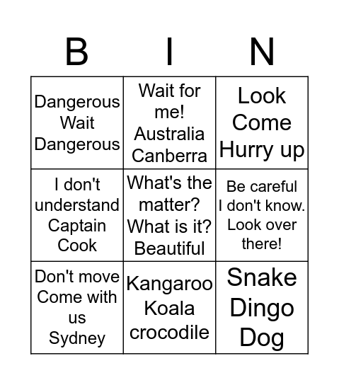 LOST IN THE BUSH Bingo Card