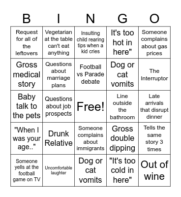 Thanksgiving Dysfunctional Family Bingo! Bingo Card
