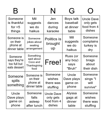 Thanksgiving Bingo Card