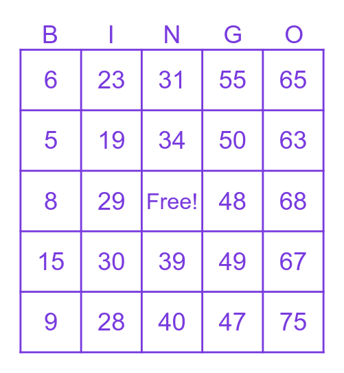Number Bingo 1-75 Bingo Card
