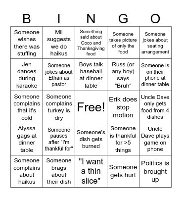 Thanksgiving Bingo Card