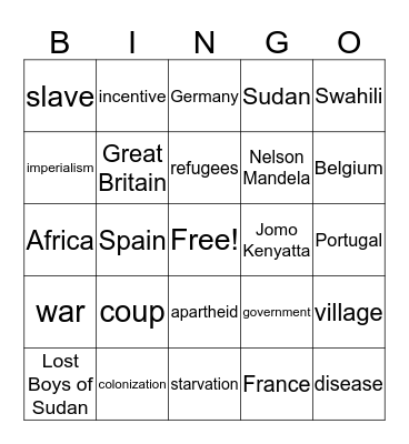 Africa History Bingo Card