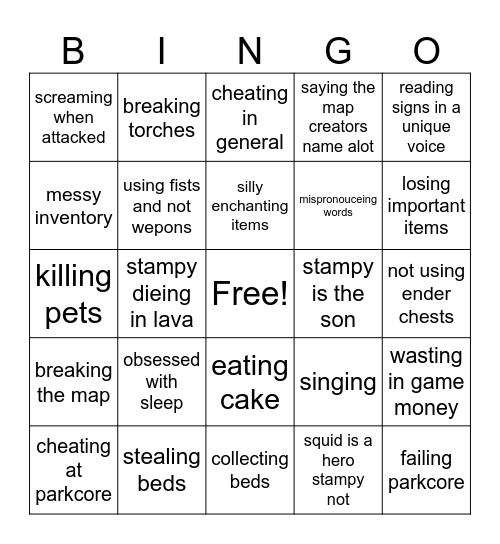 stampy adventure map bingo Card