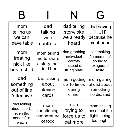 Thanksgiving Dinner BINGO! Bingo Card