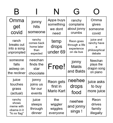 Family Bingo Card