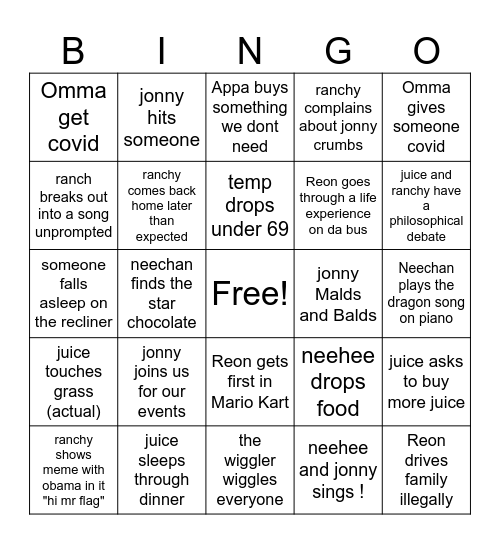 Family Bingo Card