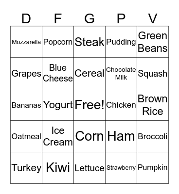 Nutrition Bingo Card