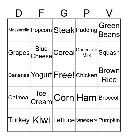 Nutrition Bingo Card
