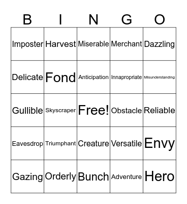 Vocabulary Review Bingo Card