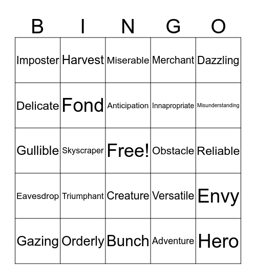 Vocabulary Review Bingo Card