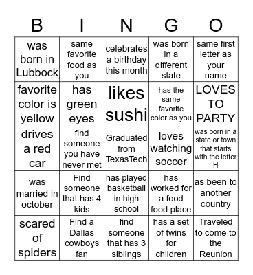 Montemayor's First Cousin Family Reunion Bingo Card