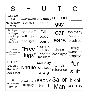 Jenna and Andy's Super Fun Shutocon Bingo! Bingo Card