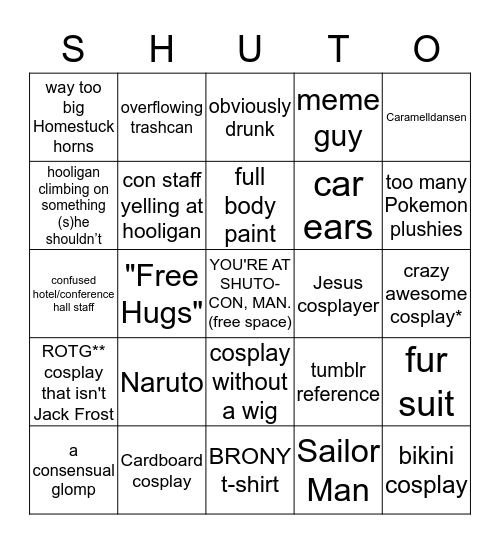 Jenna and Andy's Super Fun Shutocon Bingo! Bingo Card