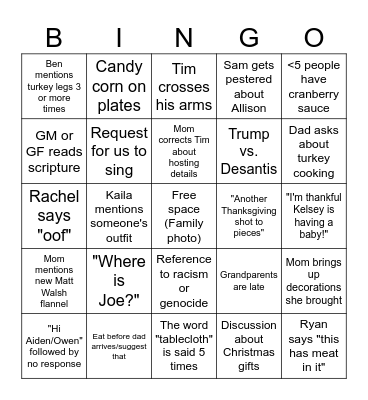 McLean Thanksgiving 2023 Bingo Card