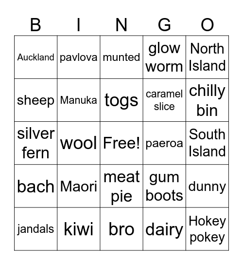 New Zealand Bingo Card