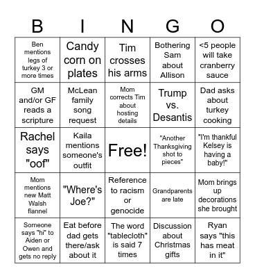McLean Thanksgiving 2023 Bingo Card