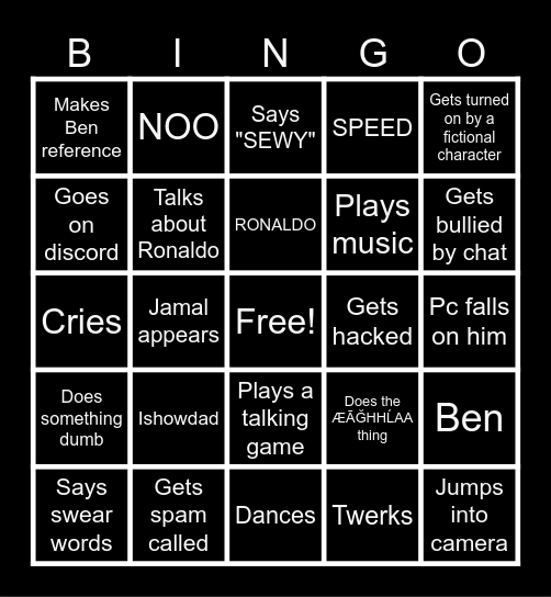 Ishowspeed bingo Card