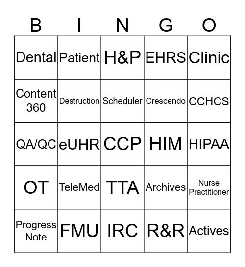 Health Information Management Bingo Card