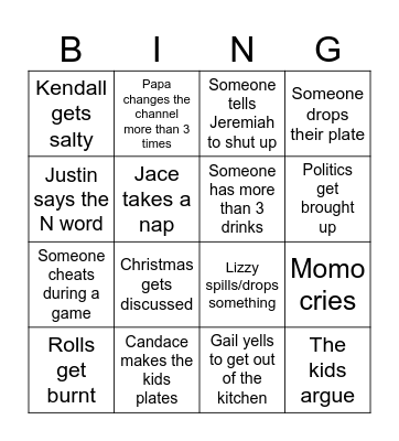 Sellers/Cook thanksgiving Bingo Card