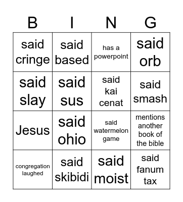 Sunday Sermon Rubric Bingo Card