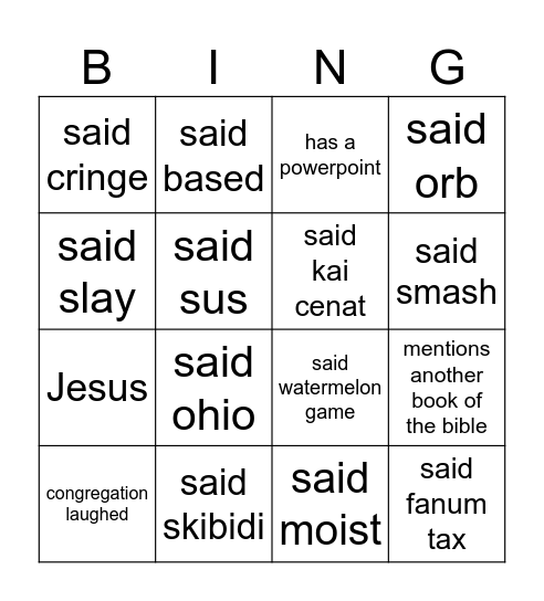 Sunday Sermon Rubric Bingo Card