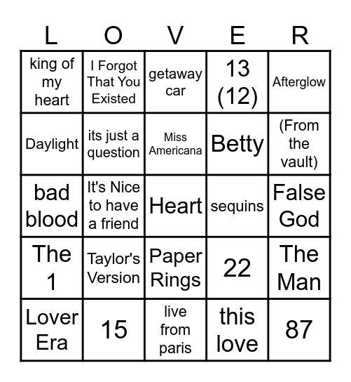 Lover Bingo Card