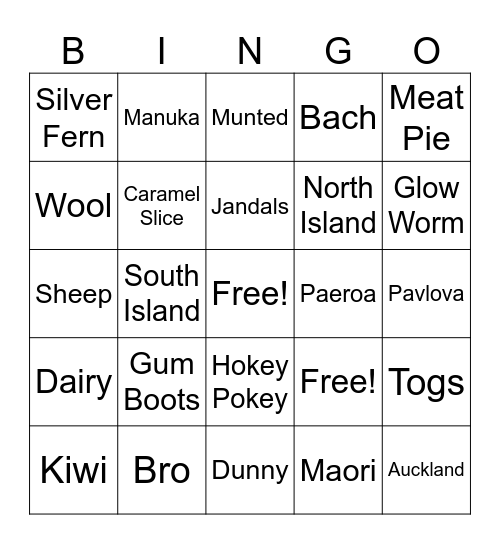 New Zealand Bingo Card