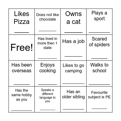 Classmates BINGO Card