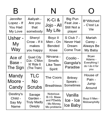 90's Songs Bingo Card