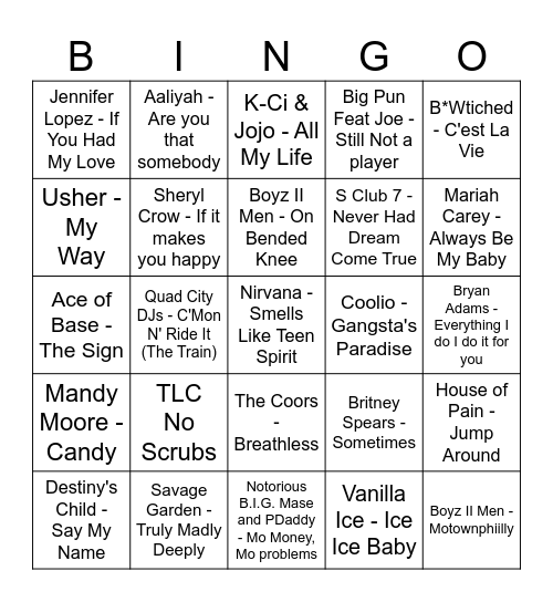 90's Songs Bingo Card