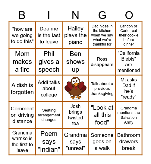 Warnke Thanksgiving 2023 Bingo Card