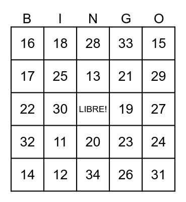 Spanish Bingo Card
