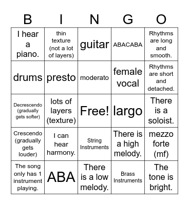 Elements of Music Bingo Card