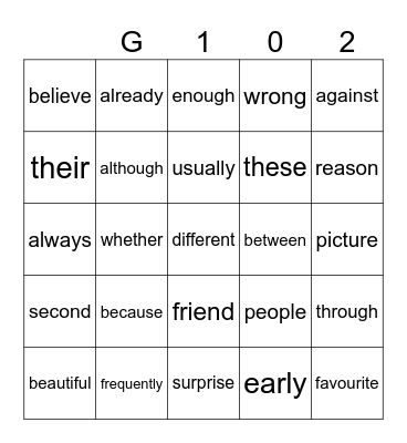 Gold 102 Bingo Card