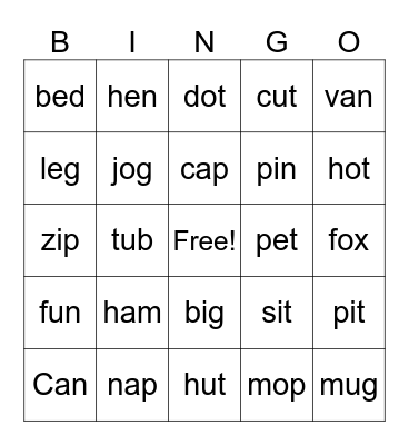 Short vowel sounds Bingo Card