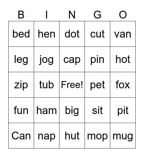 Short vowel sounds Bingo Card