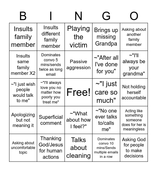 General Grandma Bingo Card