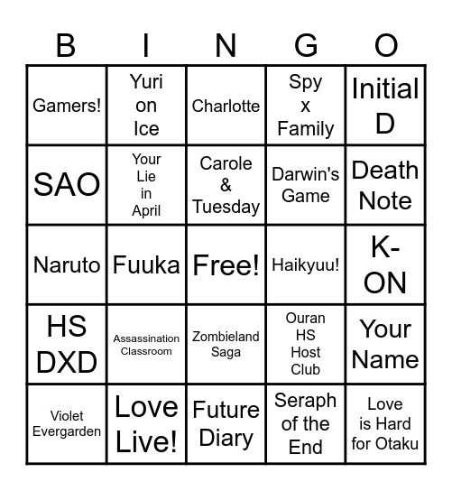 Akia's Anime Bingo Card