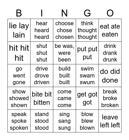 Verb bingo 7 (halv) Bingo Card