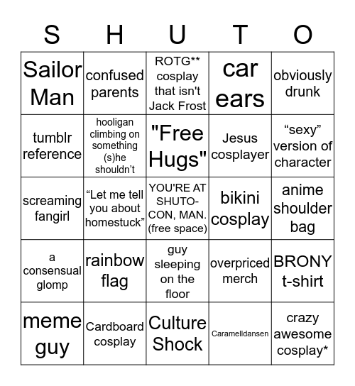 Jenna and Andy's Super Fun Shutocon Bingo! Bingo Card