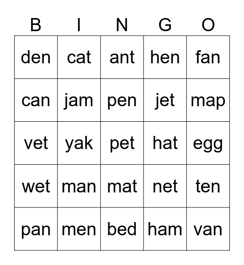 short a and e Bingo Card