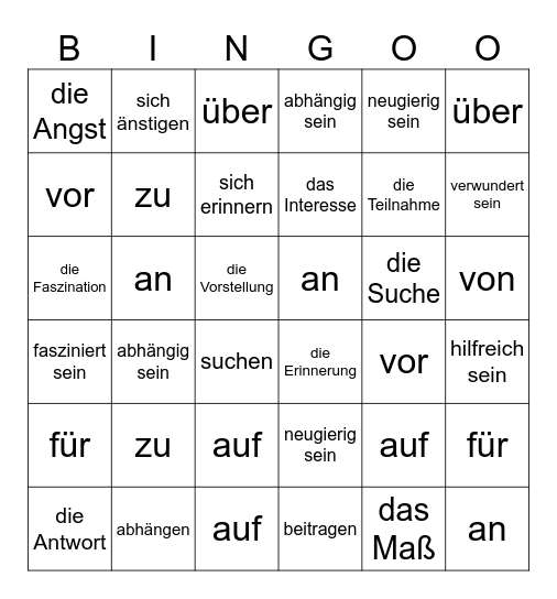 Verben mit Präpositionen Bingo Card