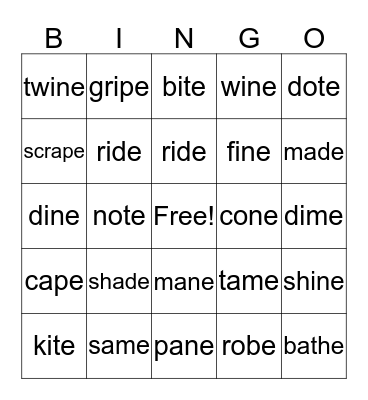 Long A, Long O, Long I Silent -e Review Bingo Card