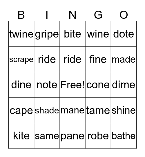 Long A, Long O, Long I Silent -e Review Bingo Card