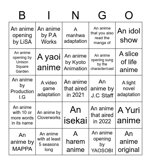 Anime Opening Bingo Card